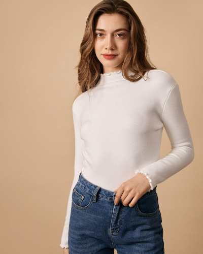 The Mock Neck Frill Trim Knit Top