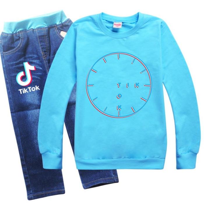 Tiktok Clock Print Girls Boys Pullover Hoodie And Jeans Outfit Set