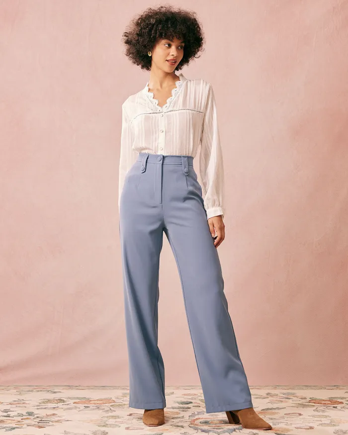 The White V Neck Lace Trim Long Sleeve Blouse