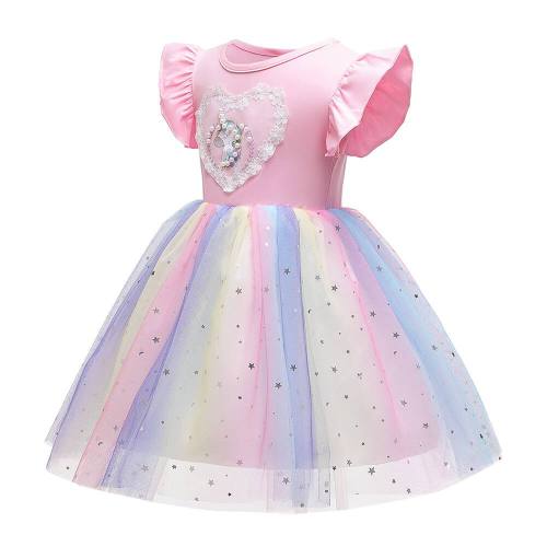 Summer Heart Beaded Unicorn Stars Sequin Rainbow Tulle Party Dress
