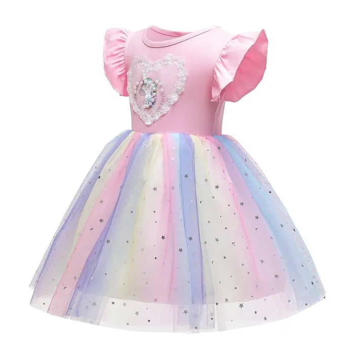 Summer Heart Beaded Unicorn Stars Sequin Rainbow Tulle Party Dress