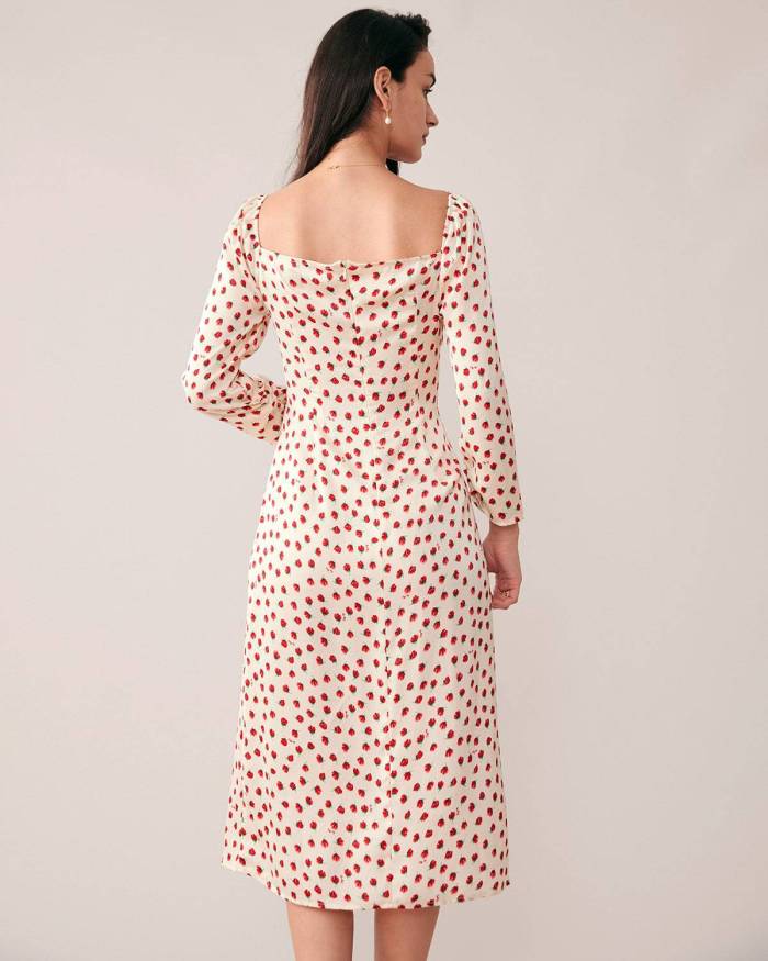 Ruched Long Sleeve Rose Print Midi Dress