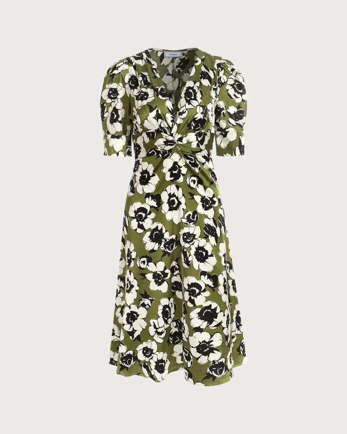 The Green V Neck Puff Sleeve Floral Midi Dress