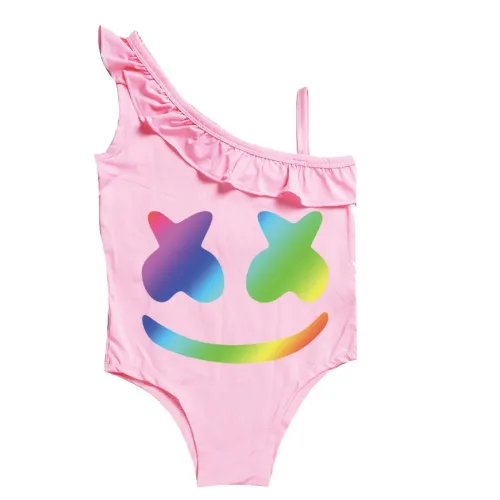 Girls Dj Marshmello Print One Piece Ruffle Shoulder Swimsuit