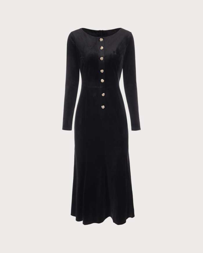 The Black Round Neck Velvet Midi Dress