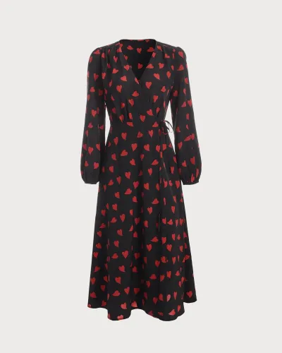 The Heart Print Long Sleeve Wrap Midi Dress