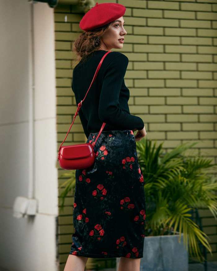 The High Waisted Floral Velvet Midi Skirt