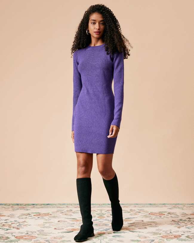 The Purple Round Neck Long Sleeve Sweater Dress