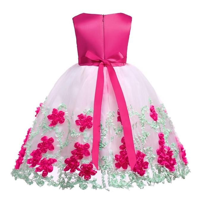 Deep Pink Girls Pearl Necklace Flower Tulle Bow Princess Gown Dress