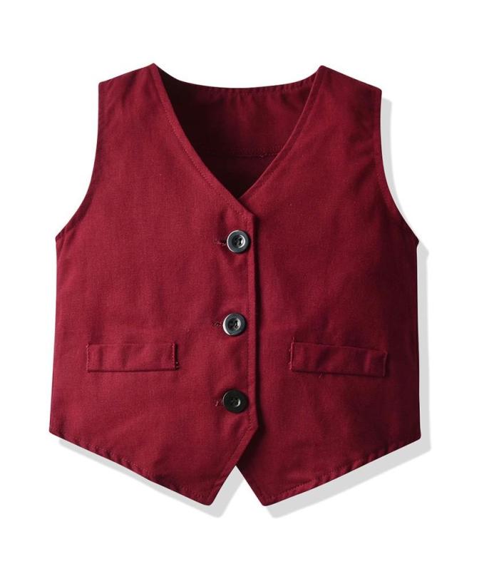 Boys Suit Outfit Set Bow-Tie Stripe Shirt Dark Red Waistcoat And Pants