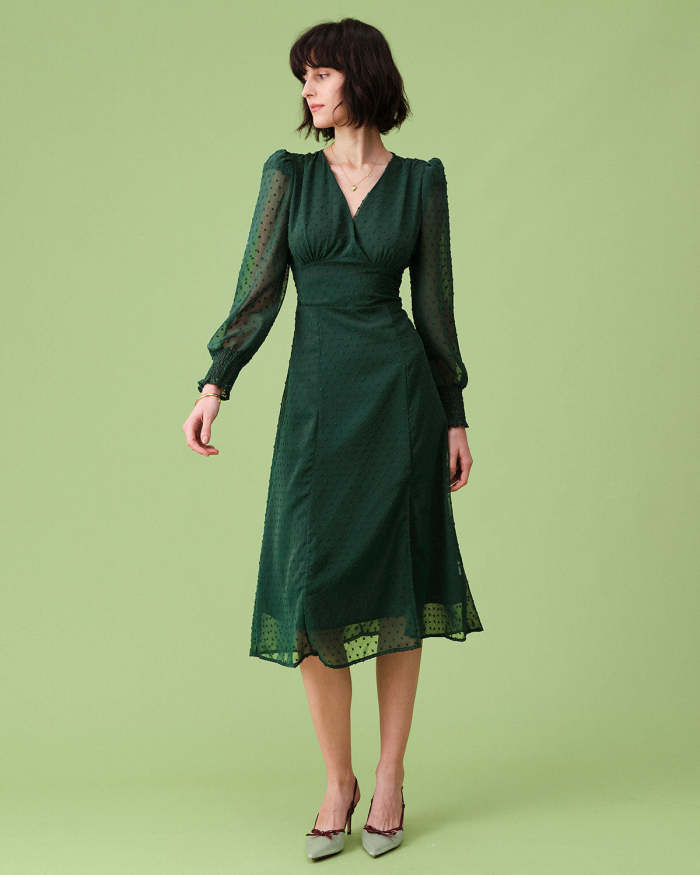 The Green V Neck Jacquard Sheer Sleeve Midi Dress