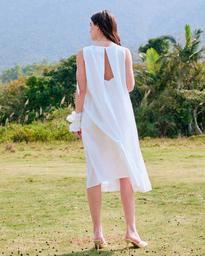 The White Round Neck Sleeveless Cutout Midi Dress