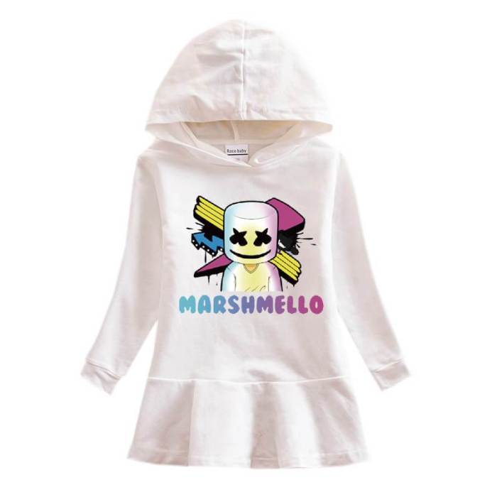 Arrow Dj Marshmello Print Girls Long Sleeve Hooded Frill Cotton Dress