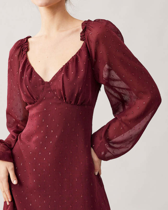 The Red V Neck Jacquard Long Sleeve Mini Dress
