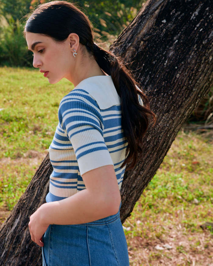 The Collared Striped Short Sleeve Knit Top