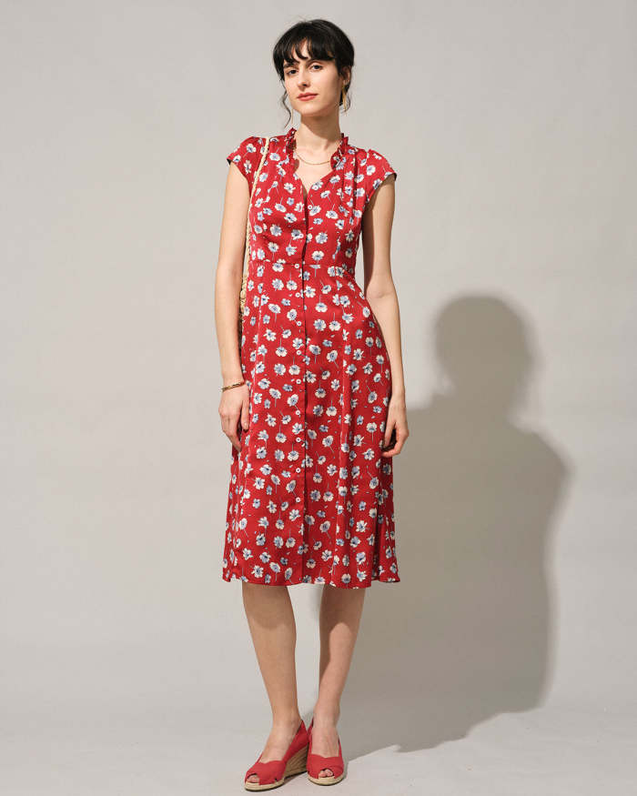 The Red V Neck Cap Sleeve Floral Midi Dress
