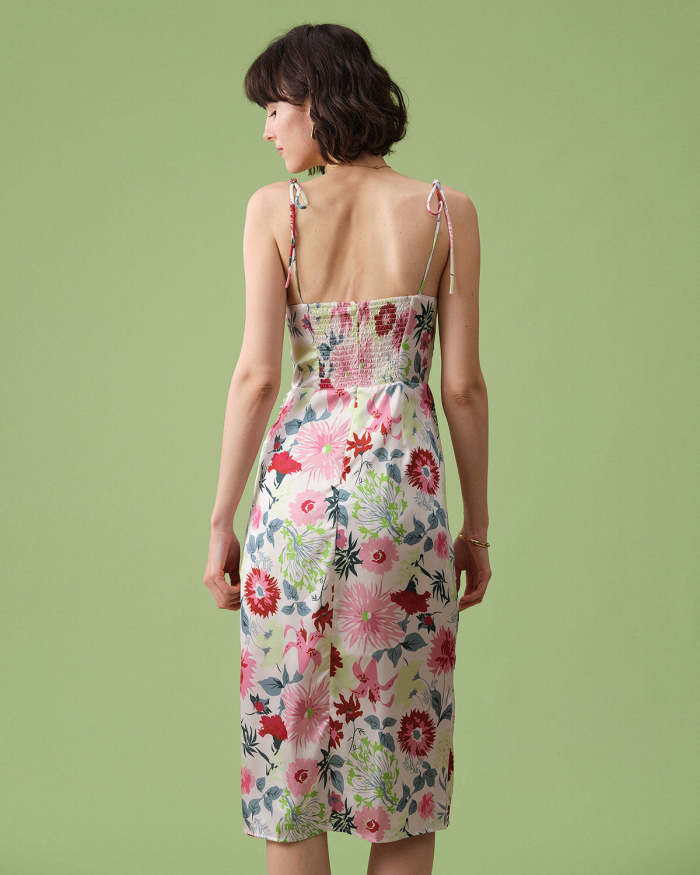 The Sweetheart Neck Floral Tie Shoulder Slit Midi Dress