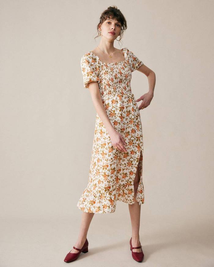 The Vintage Smocked Split Floral Dress