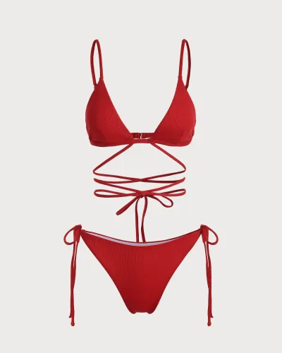 The Red V Neck Criss-Cross Ribbed Bikini Set
