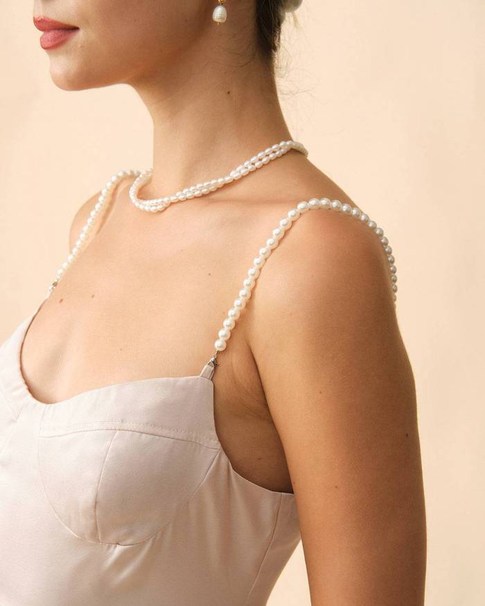 The Ivory Pearl Strap Side Slit Midi Dress