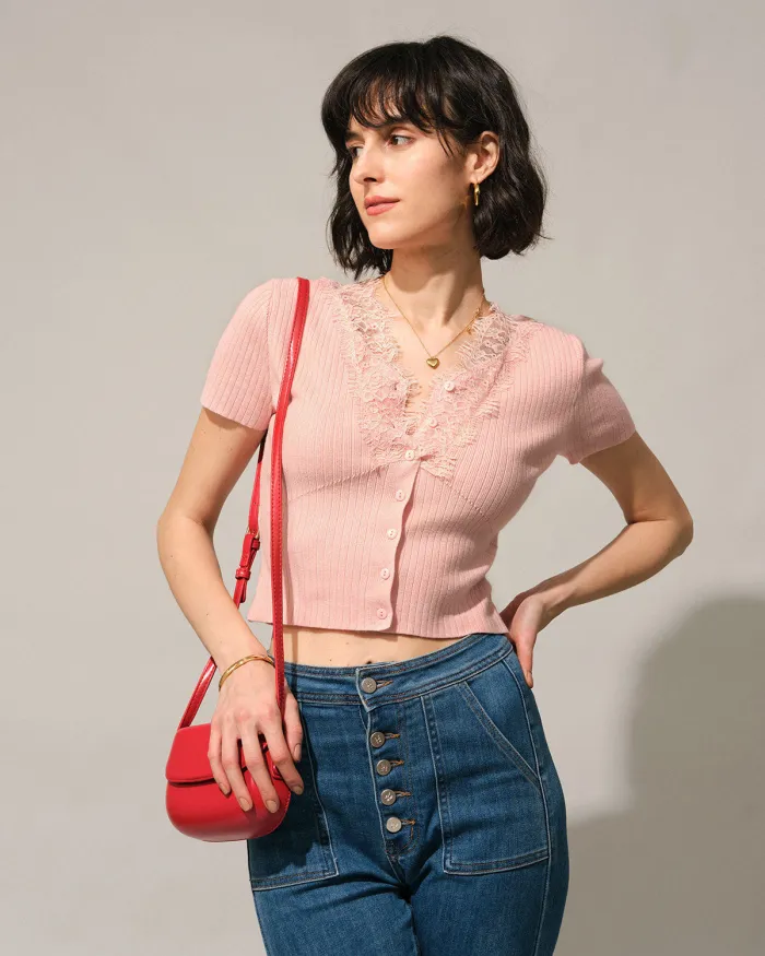 The Pink V Neck Lace Trim Knit Top