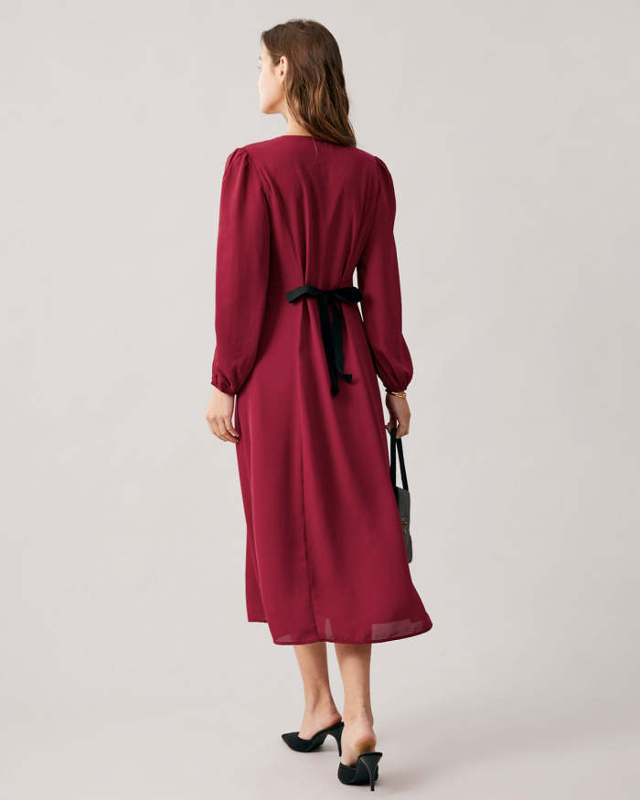 The Red V Neck Single-Breasted Long Sleeve Midi Dress