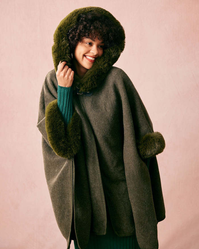 The Green Faux Fur Trim Hooded Cape Coat