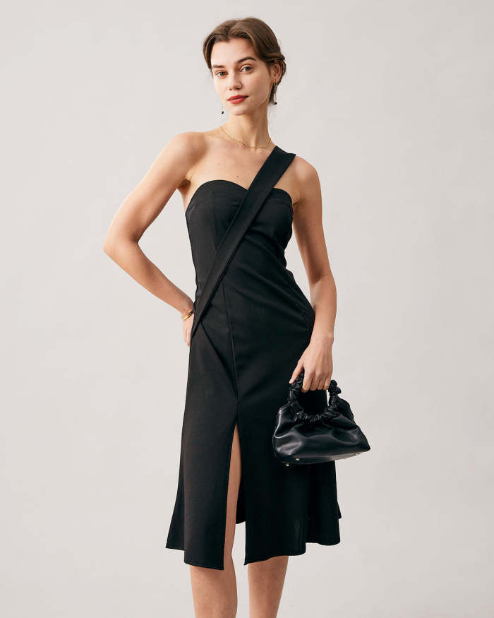 The Black Slit One Shoulder Midi Dress