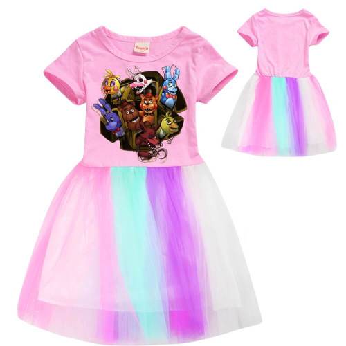 Five Nights At Freddy Print Girls Pink Cotton Top Rainbow Tulle Dress
