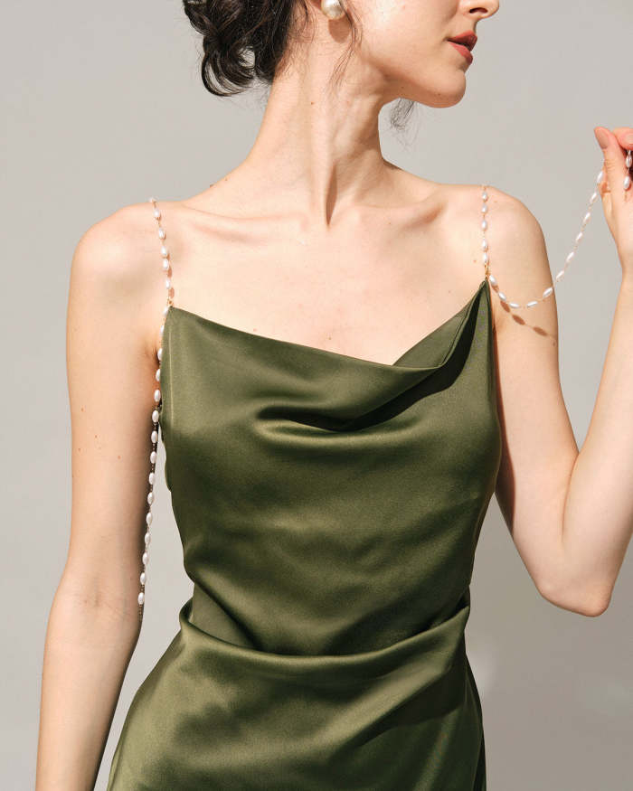 The Green Cowl Neck Pearl Strap Midi Dress