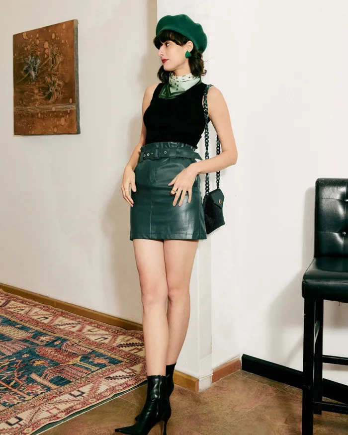 The High Rise Belted Pu Leather Mini Skirt