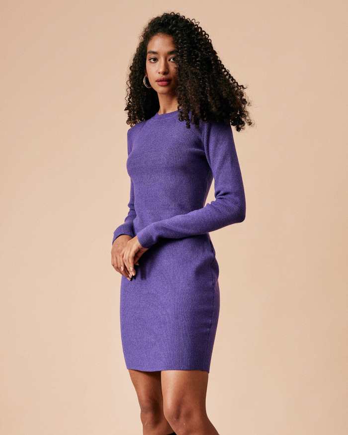 The Purple Round Neck Long Sleeve Sweater Dress