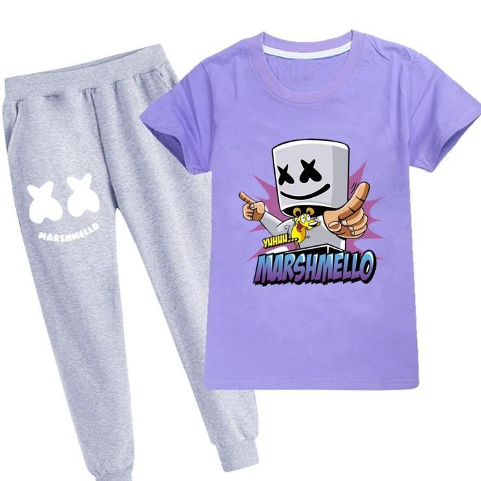 Boys Girls Dj Marshmello Print Pure Cotton T Shirt And Grey Pants Suit