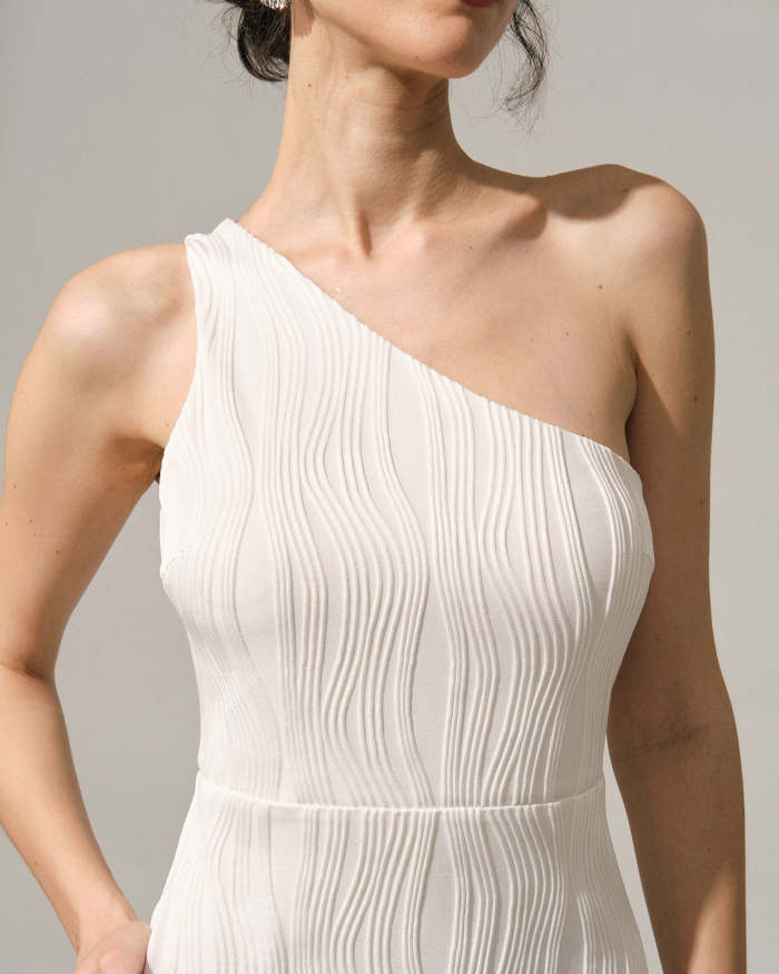 The White One-Shoulder Water Ripple Mini Dress