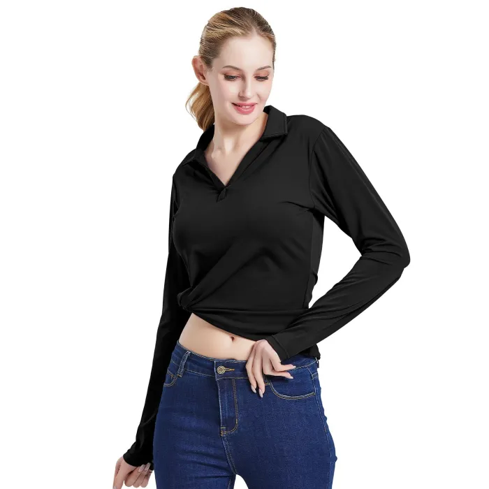Women Polo Shirt Long Sleeve Golf Top Collared V Neck T-Shirt