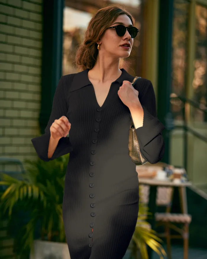 The Button Up Long Sleeve Sweater Midi Dress