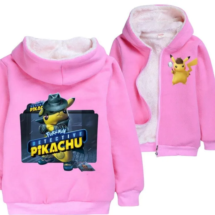 Pokemon Detective Pikachu Girls Pink Fleece Lined Cotton Zipper Hoodie