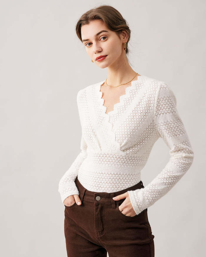 The White V Neck See Through Knit Top