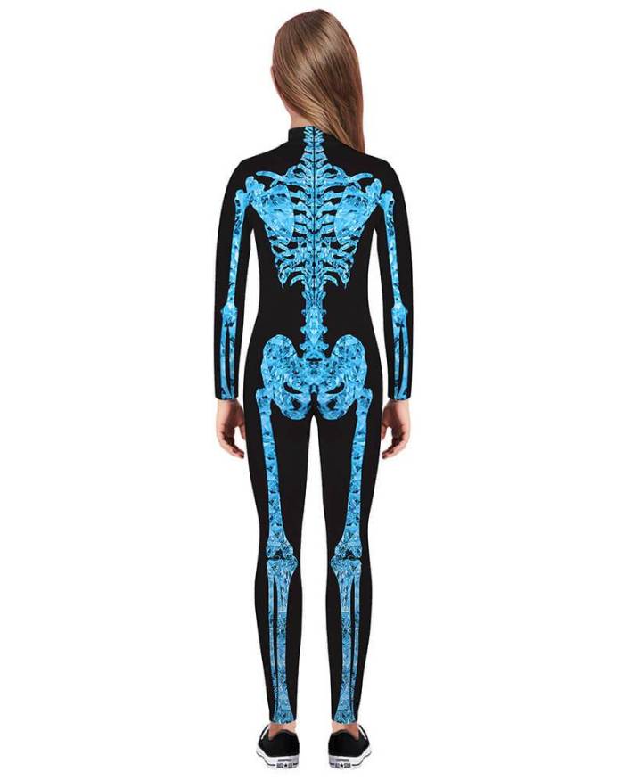 Girls Boys Blue Diamond Skeleton Catsuit Kids Halloween Costume