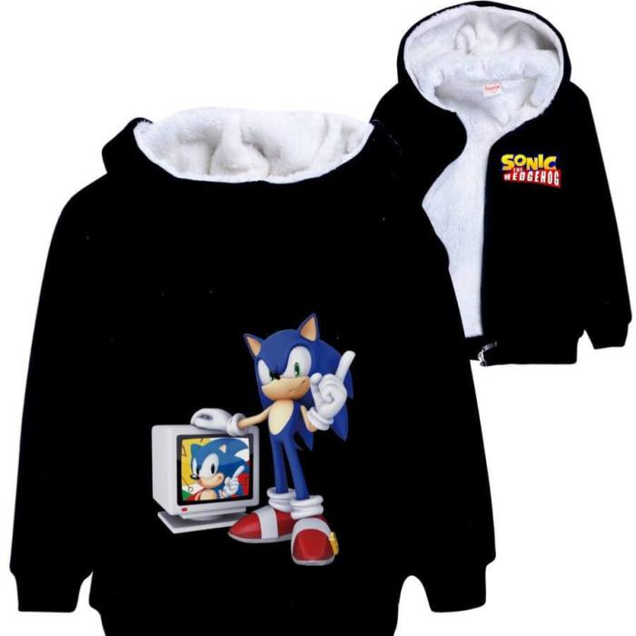 Sonic The Hedgehog Monitor Print Girls Boys Fleece Lined Zip Up Hoodie