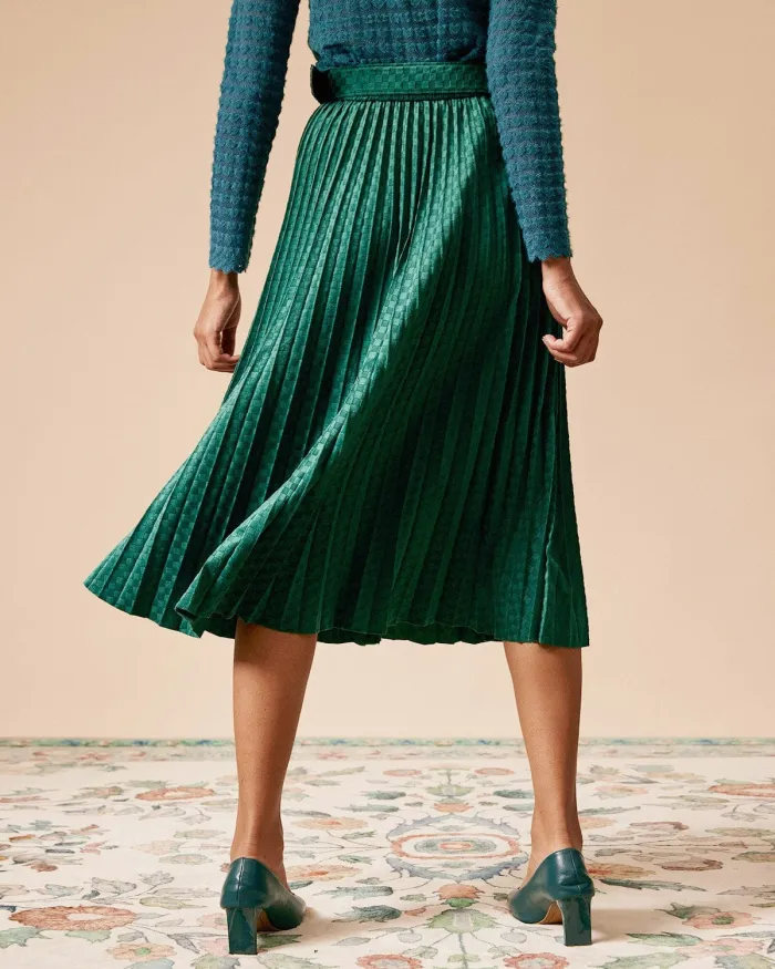 The Green High Waisted Jacquard Pleated Skirt
