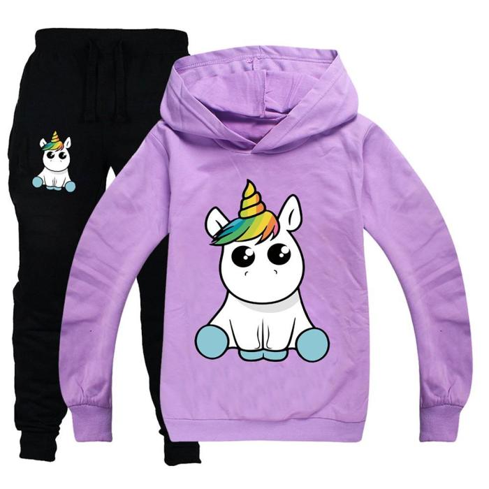 Cute Seated Unicorn Print Girls Boys Cotton Hoodie And Sweatpants Suit
