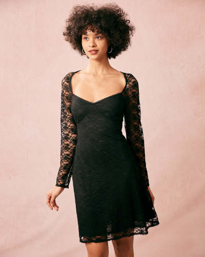 The Black Sweetheart Neck Lace Long Sleeve Mini Dress