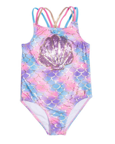 Sequined Shell Mermaid Fish Scale Print Pink Girls One Piece Swimsuit