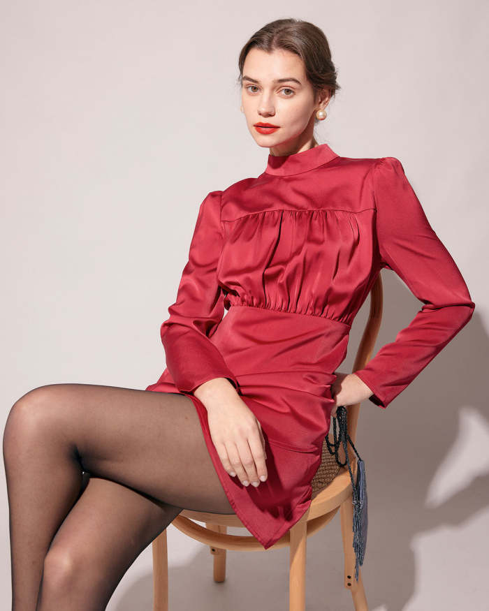 The Red Mock Neck Ruched Long Sleeve Mini Dress