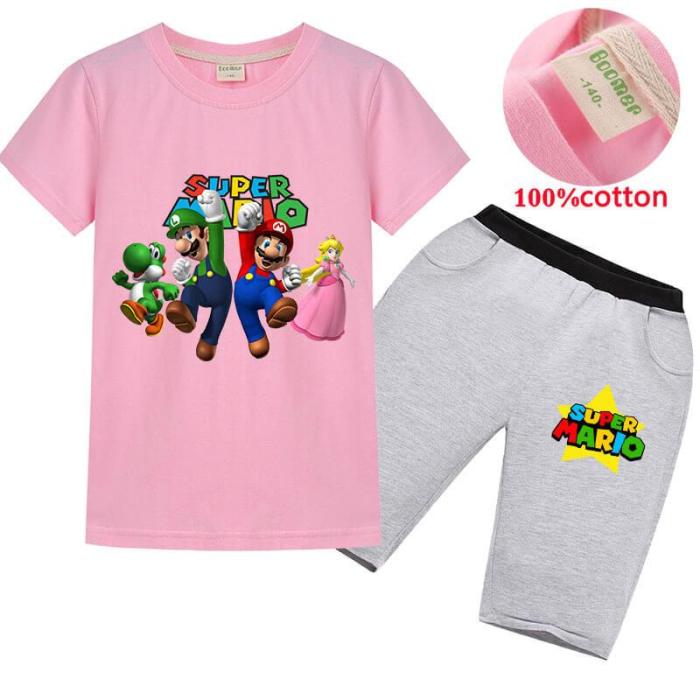Super Mario Print Girls Boys Cotton T Shirt And Shorts Casual Outfits