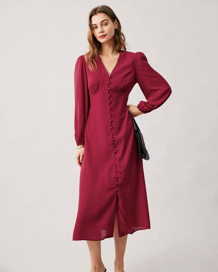 The Red V Neck Single-Breasted Long Sleeve Midi Dress