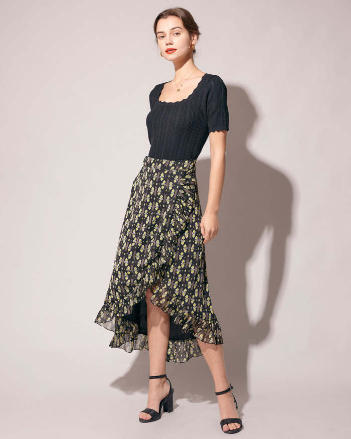 The Black High Waisted Floral Ruffle Wrap Midi Skirt