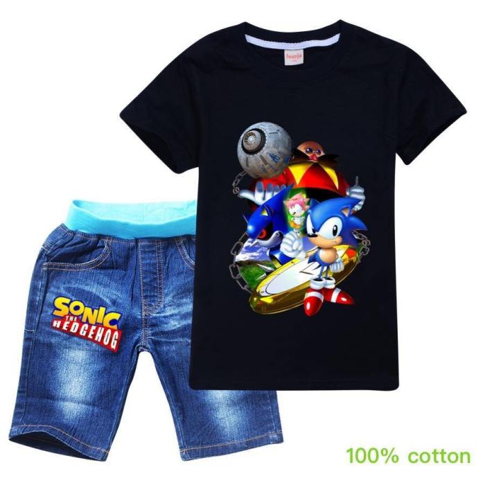 Boys Girls Sonic The Hedgehog Print Cotton T Shirt N Denim Shorts Set