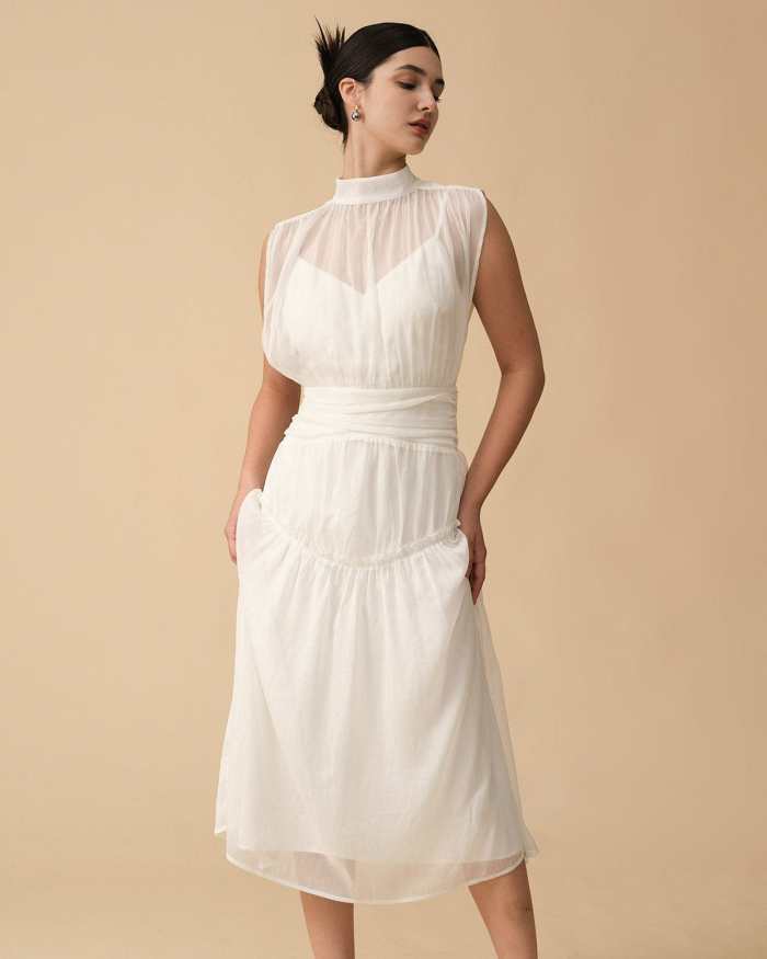 The White Mesh Ruched Midi Dress
